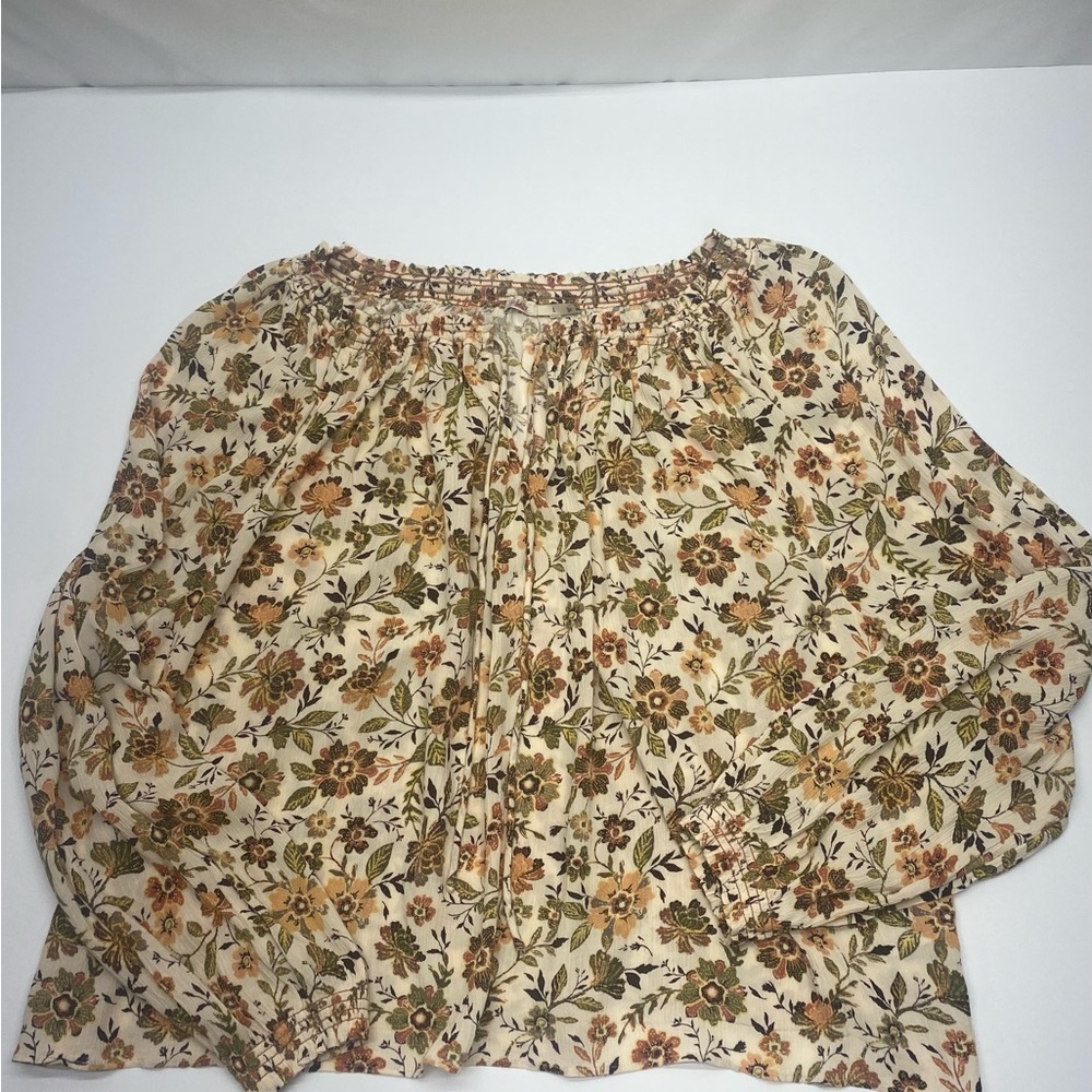 Faherty Floral Blouse in Cream and Brown Women’s LG Tie Neck Elastic at Wrist